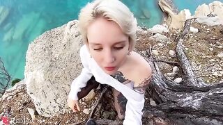 The cute girlfriend passionately sucks her ex-boyfriend's big dick on the ocean shore