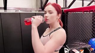 Redhead lady gets banged hard by trainer after oiling her ass