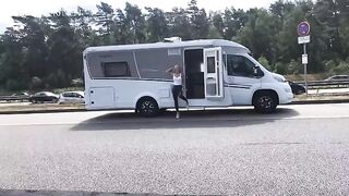 Public sex in wet look leggings on the A1 motorway - drive-in fetish