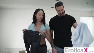 The couple has a tender and passionate erotic sex