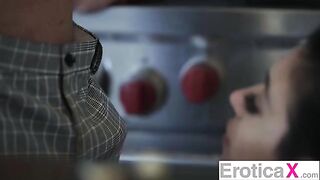 The couple has sex right in the kitchen
