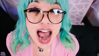 Sticky with jizz, Little Puck takes multiple cumshots on her face