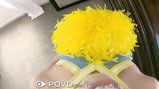 The blonde slut cheerleader got her face covered with cum in POV