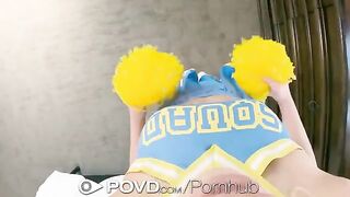 The blonde slut cheerleader got her face covered with cum in POV