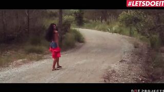 Petite brunette Alexa Tomas masturbates and pees in public before getting fucked