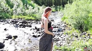 A teen with fiery hair wanted to have sex and get filled with cum outdoors