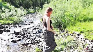 A teen with fiery hair wanted to have sex and get filled with cum outdoors