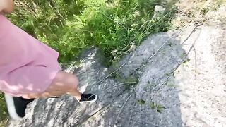 Pick up slutty girl and cum on her pussy lips outdoors