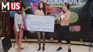 The sexy brunette Eliza Ibarra competes in a wet pussy game on Jerkaoke