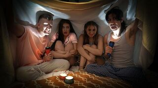 Naughty boys scare and fuck Penelope and Aubrey in a story