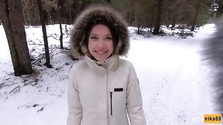 I like to have sex quickly outdoors even in winter - Cum on my pretty face POV