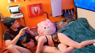 A guy relaxed while playing video games with a free use MILF