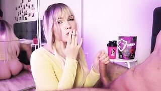A cute girl has to choose between a cigarette and a cock in this exclusive scene