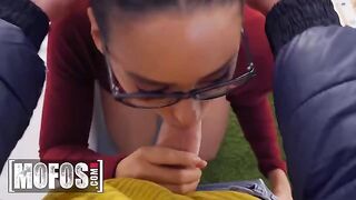 Andreina DeLuxe lets nerdy Jordi study her tits and ass for money