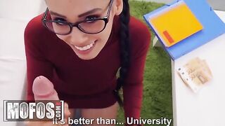 Andreina DeLuxe lets nerdy Jordi study her tits and ass for money