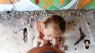 A cute blonde has sex with a guy in an abandoned building, showcasing raw passion
