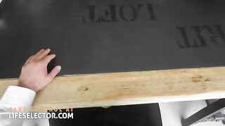 Mary Bambola, sexy secretary, gets horny with feet, then fucked hard in POV style