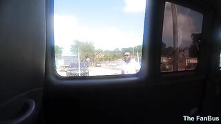 A tattooed Latina MILF, Queen Rogue, gets fucked on a fan bus