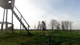 Babe fucked in a hunting pulpit by a guy in the woods
