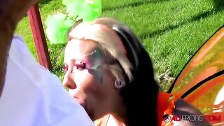 A sexy cosplay model with tattoos got fucked outdoors by a guy