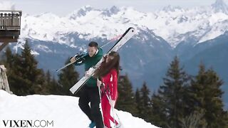 A cute skier has passionate sex with her boyfriend in the mountains