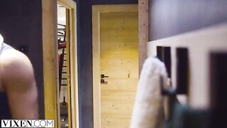 A cute skier has passionate sex with her boyfriend in the mountains