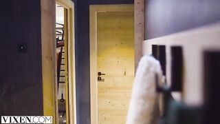 A cute skier has passionate sex with her boyfriend in the mountains