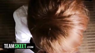 A cute young redhead housekeeper got a big cock in her mouth and pussy