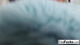 Small-breasted blonde masturbates her sweet pussy with a toy, showcasing Elsa Jean’s tight, slender frame in action