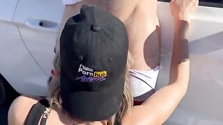 A woman fucked by two guys in the Nevada desert and received creampie
