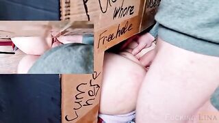 A girl fucked in the tight pussy through the glory hole three times