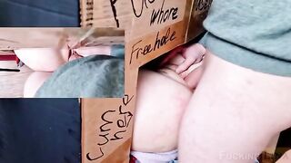 A girl fucked in the tight pussy through the glory hole three times