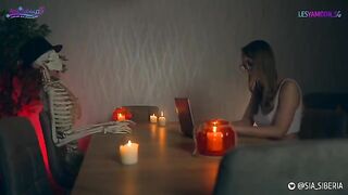 Strap-on sex with Halloween costume and intense passion