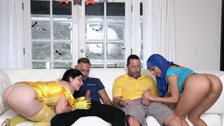 Hot stepdaughters in costumes Keira Croft and Penelope Woods get fucked hard