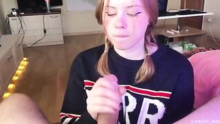 The student gently sucks the cock and gets a lot of sperm on her tongue