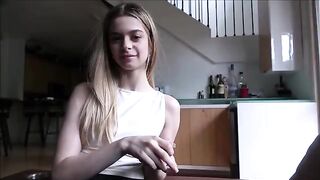 The tiny babe, just 18 and full of curiosity, practices with her stepdad