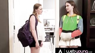 The horny 18 yo babe Hazel Moore eats her busty bestie Samantha Reigns’ pussy in the college classroom