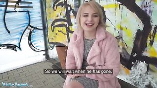 Public Agent picks up short haired blonde teen at bus stop