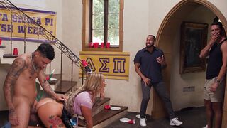 Busty MILF housekeeper gets fucked by college frat dudes