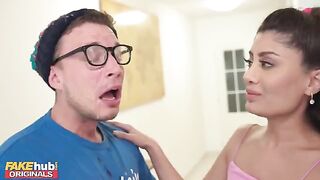Hot British Indian model licks spunk off glasses after he cum on his face