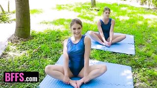 Trainer Kenzie Madison stretches gymnast Katie Kush in hardcore sex with multiple partners
