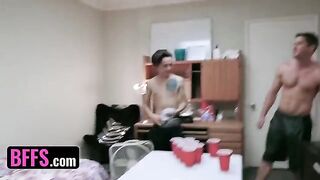 Two roommates are sharing girls in a hardcore college orgy scene