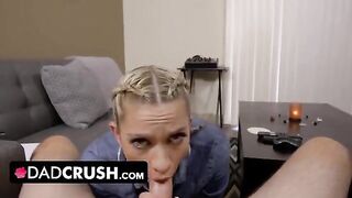 A blonde girl, Khloe Kapri, draws her stepfather’s cock in a taboo role-play scene