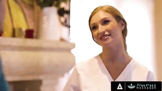 A busty redhead masseuse Skylar Snow gets her tits pounded and spread