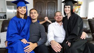 Two step daughters, Hazel Heart and Remi Jones, are getting fucked hard for their graduation