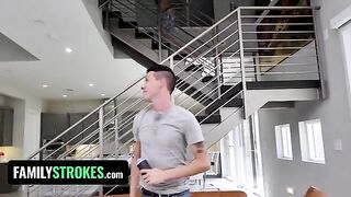 A step sister with huge natural boobs gets her two stepbrothers’ dicks sucked