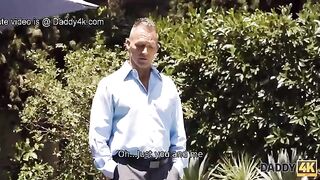 The cute girl has fun with boyfriends’ mature daddy by the pool