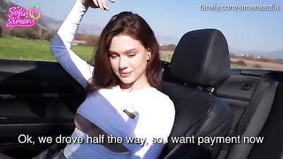 The little slut has sex in the car on the public road and gets fucked hard