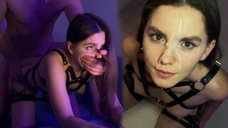 Hot brunette in harness, amazing cum on her face action