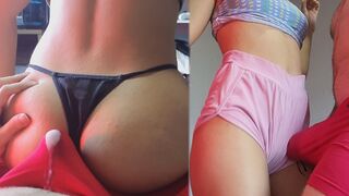 Man fucked his girl through her panties during a lap dance, cum shot inside